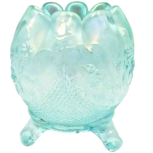 Northwood Carnival Glass MCM Ice Iridescent Blue Crystal Rose Footed Egg Bowl